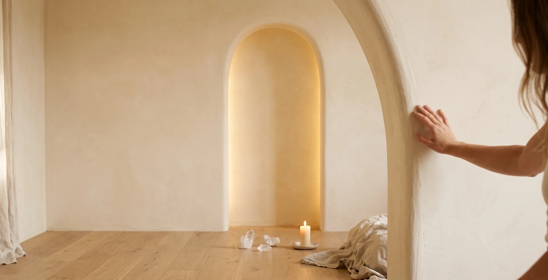 Nicho em arco com luz dourada, velas e cristais de quartzo