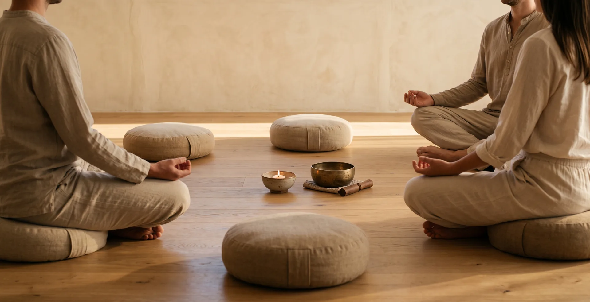 Grupo em meditação sentado em almofadas, com velas e taça tibetana ao centro